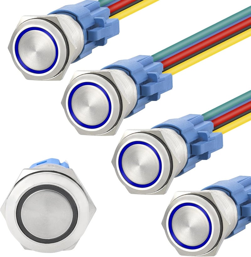 STARELO 5pcs 19mm Latching led Push Button Switch Sliver Shell, IP65 Waterproof Push Button Switch,1NO 1 NC with Wire Socket Plug,Self-Locking with LED(Blue). - Image 1